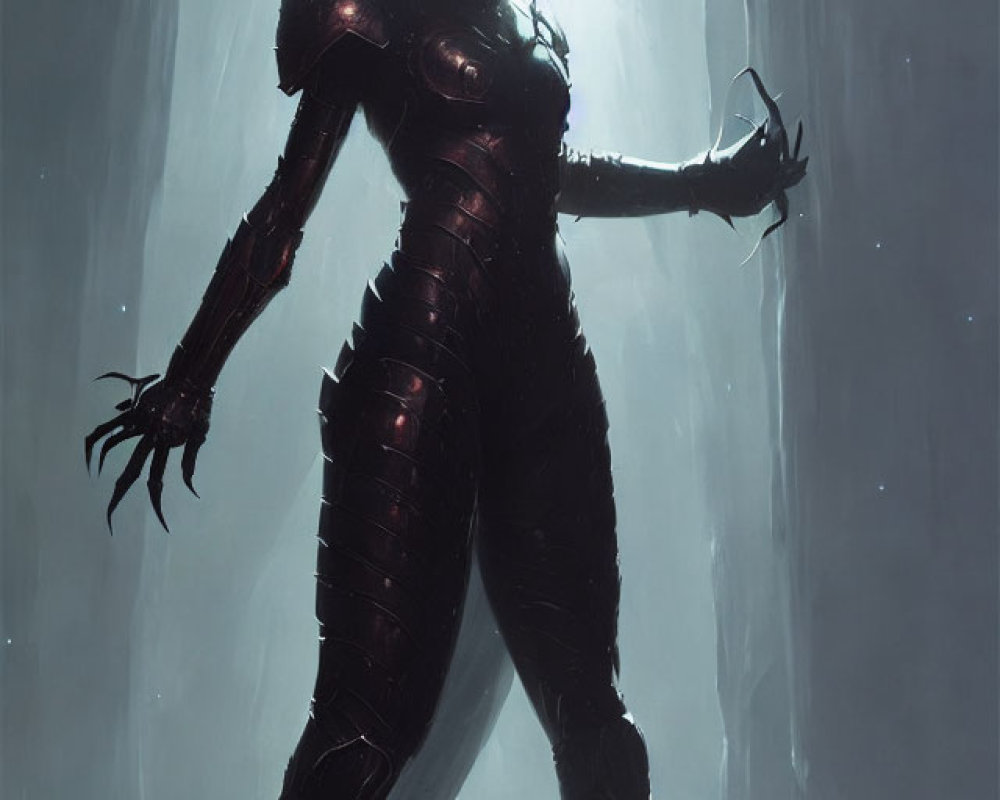 Female figure in dark armor with elongated claws in misty environment