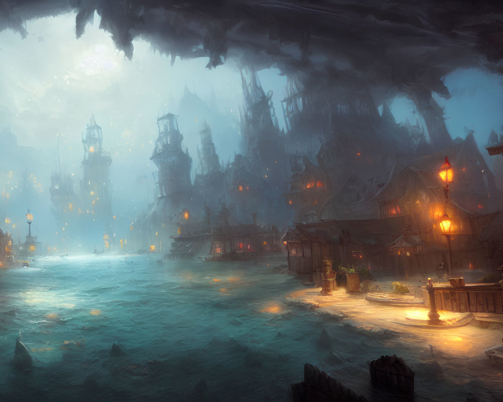 Mystical harbor with lanterns, spires, and moonlit river