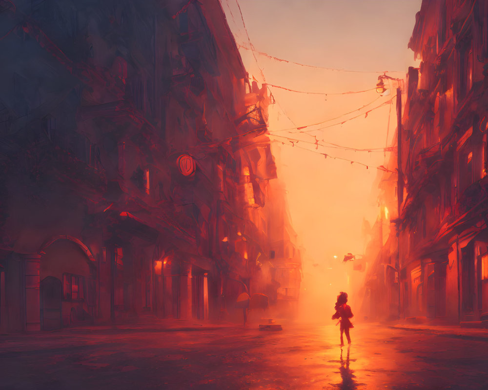 Deserted dystopian city street at sunset with solitary figure.