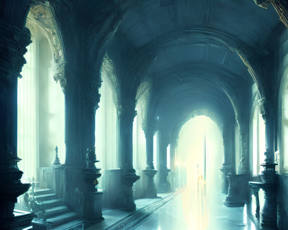 Gothic corridor with arched ceilings and bright light