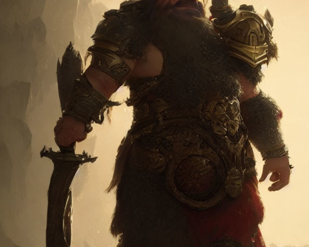 Fantasy dwarf warrior with hammer in detailed armor against misty background