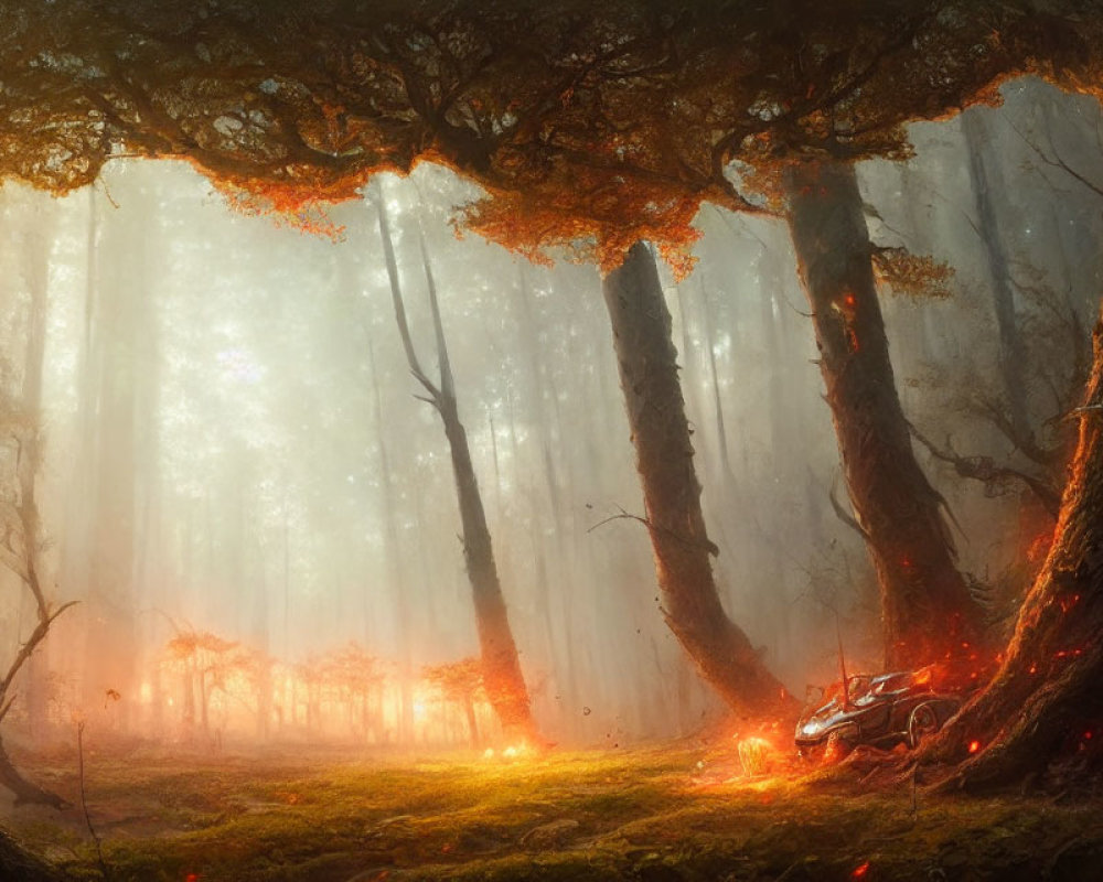 Misty enchanted forest with moss-covered ground and glowing red trees