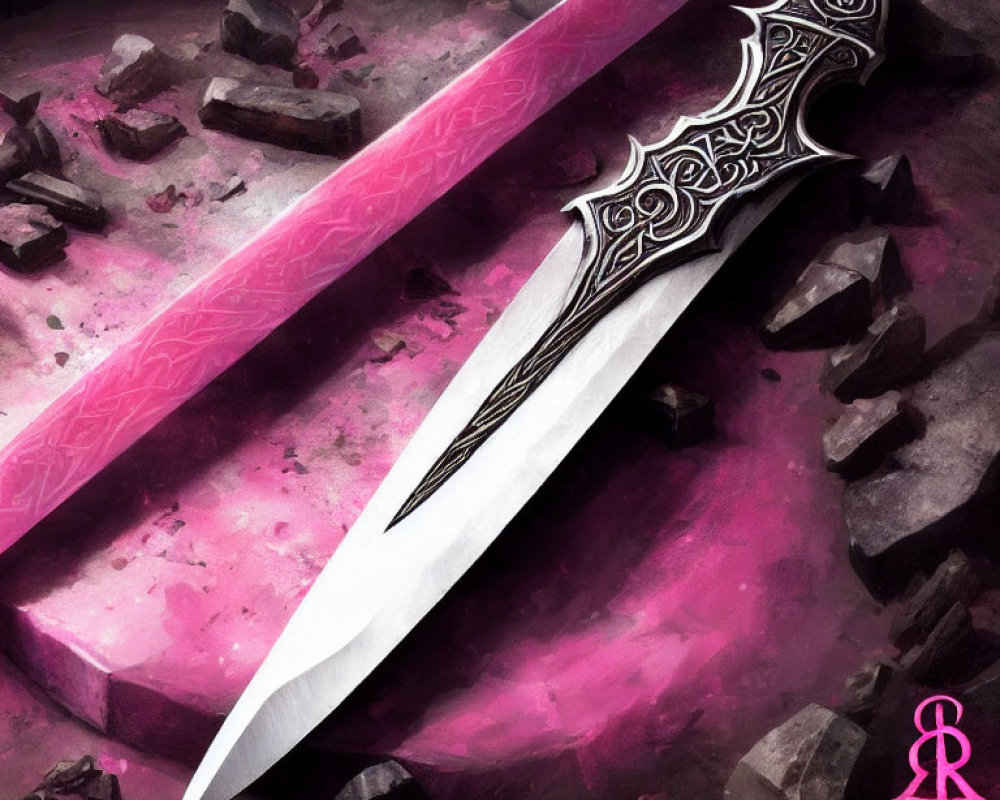 Fantasy-style ornate dagger with pink glowing blade and intricate handle on dark, broken stones