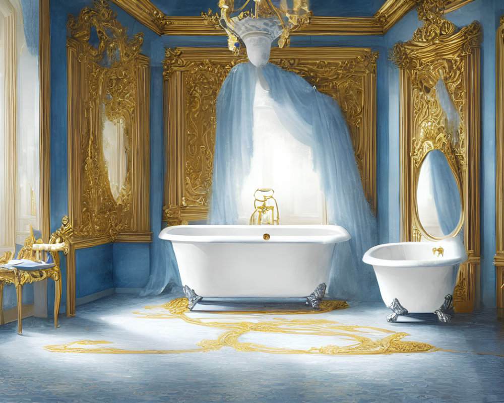 Luxurious Gold and Blue Bathroom Decor with Classic Fixtures and Chandelier