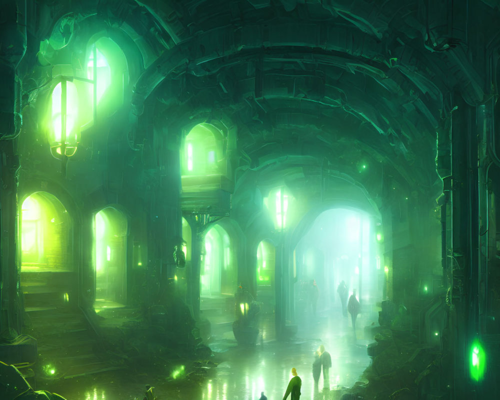 Mystical underground chamber with green lighting, gothic arches, glowing lanterns, and wandering