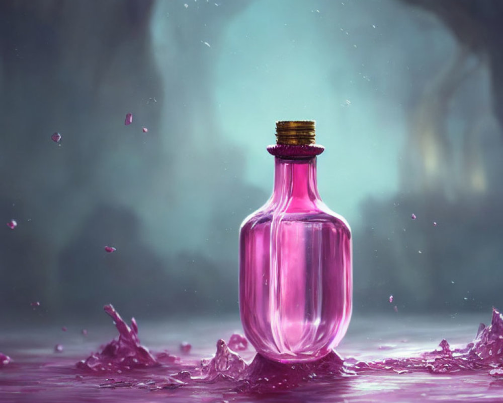 Pink potion bottle with gold cap in mystical cave setting