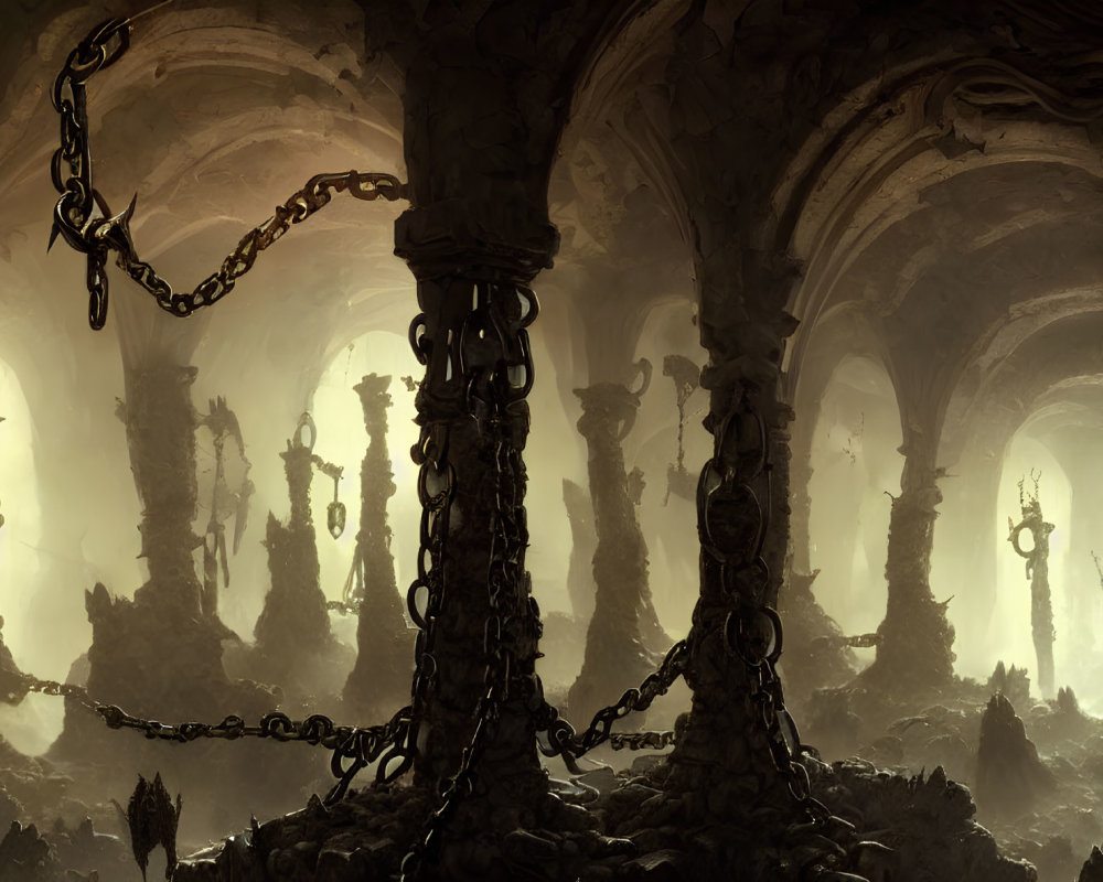 Misty underground cavern with towering pillars and gothic architecture