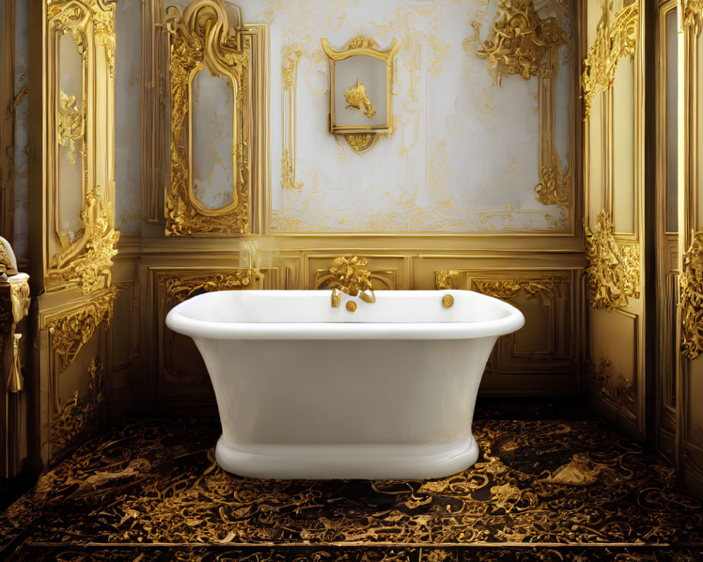 Luxurious Bathroom with Gold-Trimmed Walls and White Bathtub