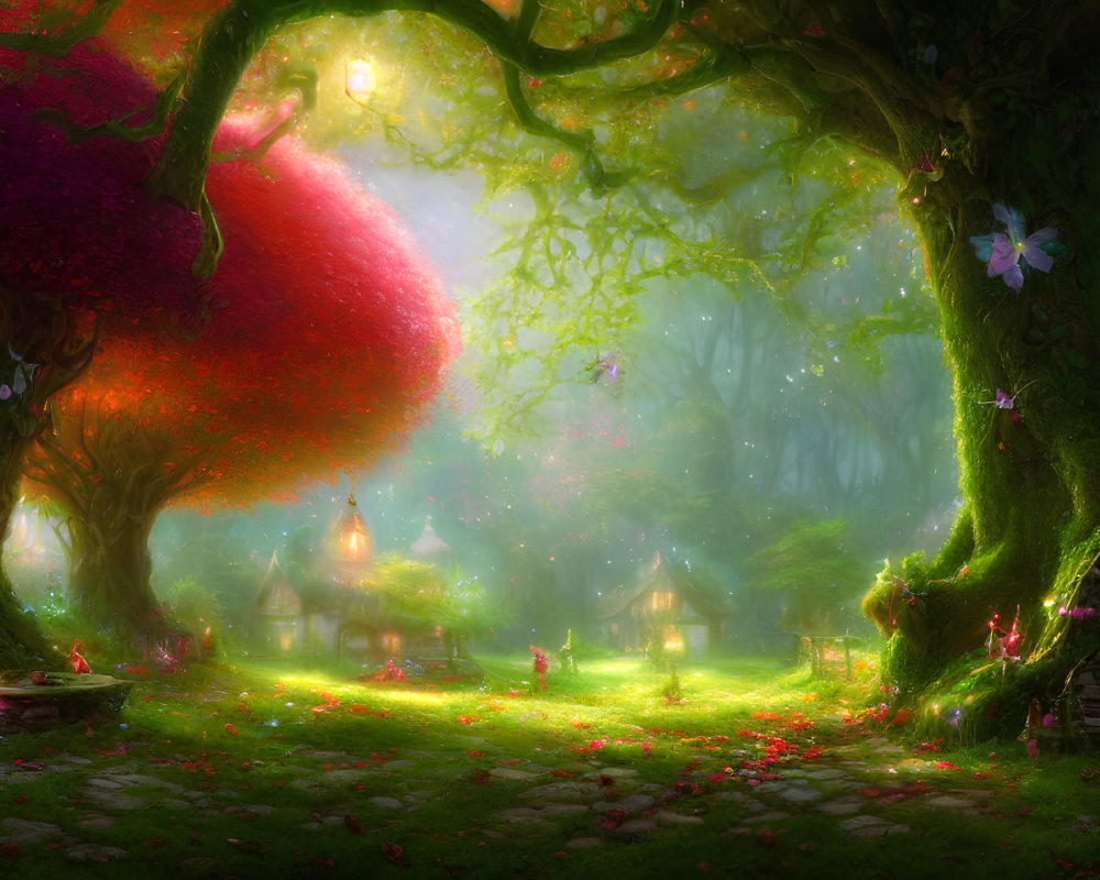 Enchanting forest glade with glowing lanterns and meditating figure