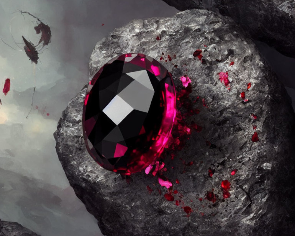 Large Luminous Ruby Embedded in Rugged Rock with Smaller Crystals and Red Splashes