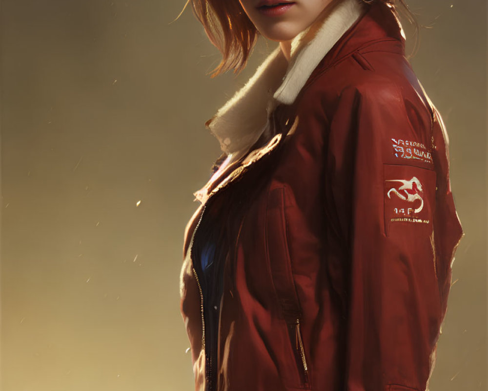 Digital artwork: Woman in red pilot jacket with patches and white scarf