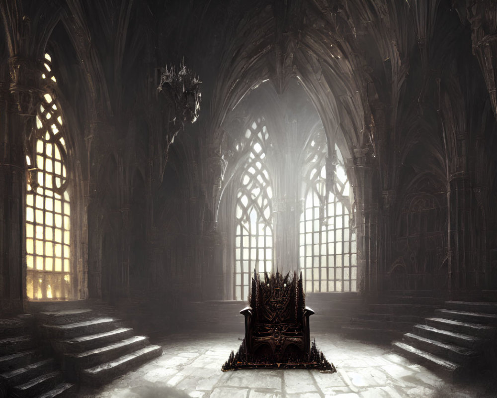 Gothic Style Cathedral Interior with Arched Windows and Ornate Throne