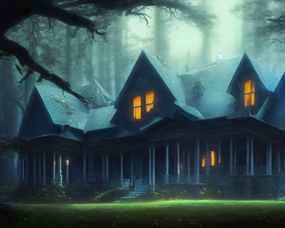 Eerie Gothic mansion in foggy forest setting