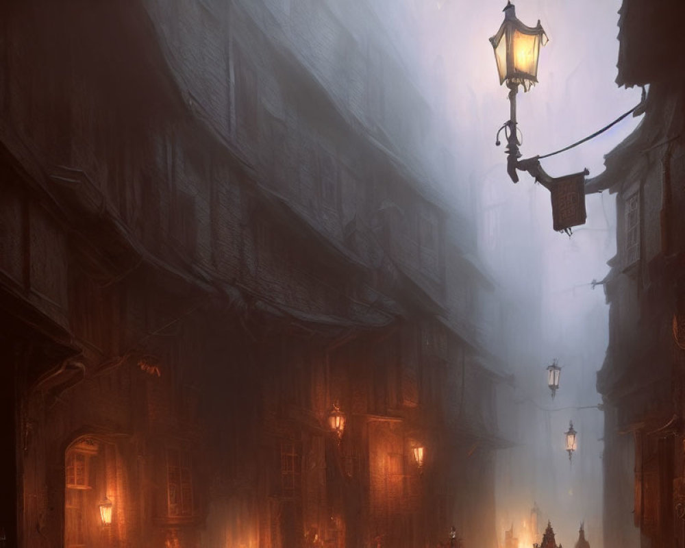 Dimly Lit Alley with Glowing Lanterns in Foggy Setting