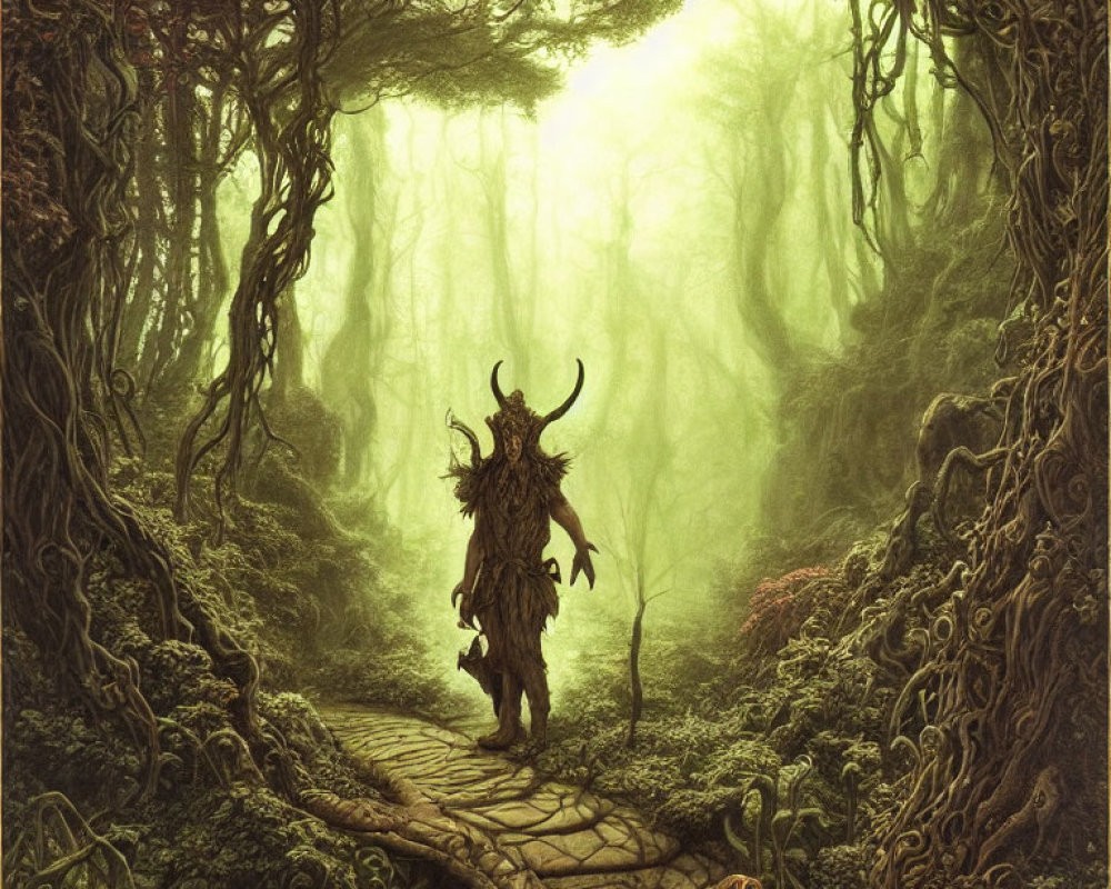 Mystical forest with thick foliage, cobblestone path, and humanoid tree creature