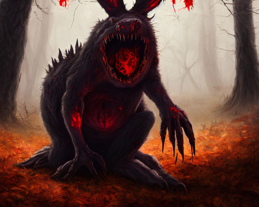 Menacing monster with glowing red eyes in misty forest