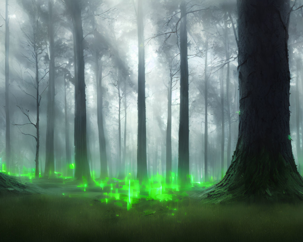 Enchanting Forest with Towering Trees and Ethereal Green Glows