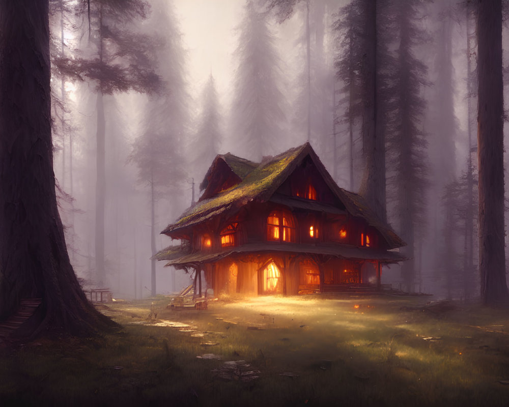 Misty forest scene with illuminated cottage among tall trees