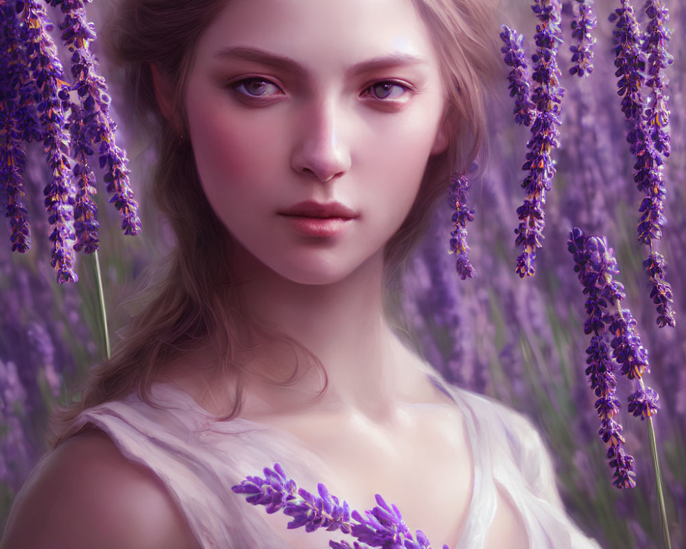 Digital portrait of woman with violet eyes in purple lavender setting