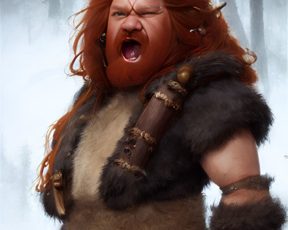 Red-haired warrior in fur and leather armor roaring in snowy forest