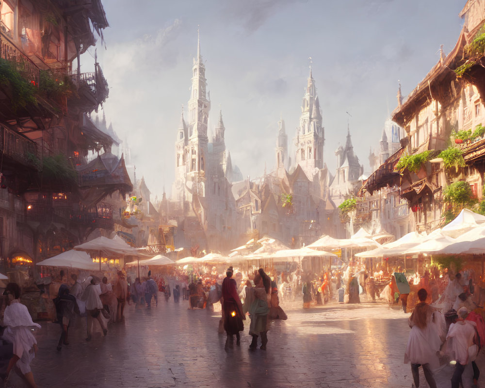 Vibrant fantasy market scene with bustling crowds and ornate buildings