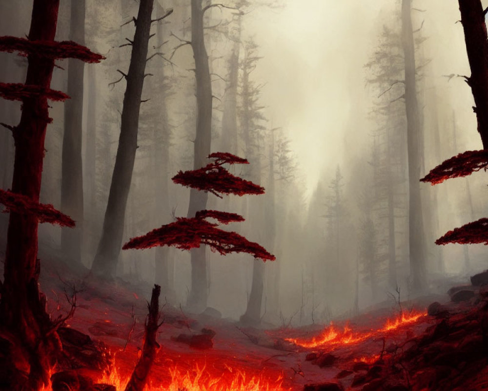 Mystical forest with bare trees, fog, and glowing red ground