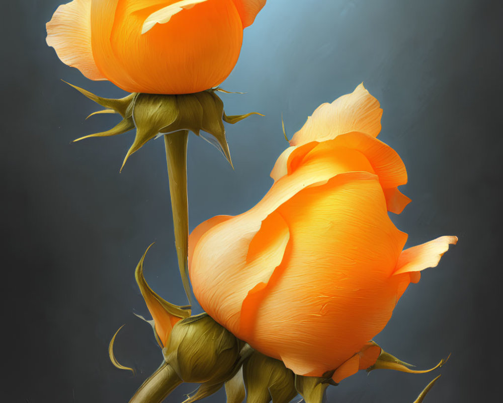 Vibrant orange roses on muted blue backdrop