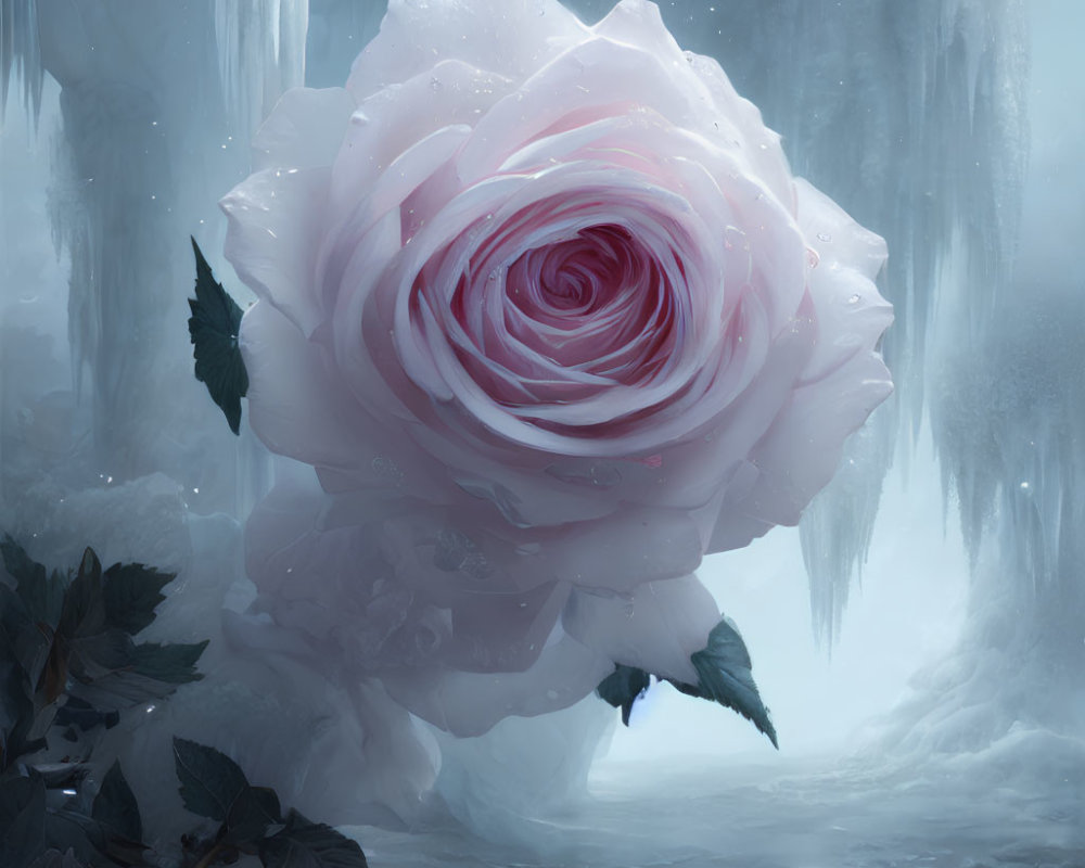 Pale Pink Rose Blooms in Frosty Cave with Icicles