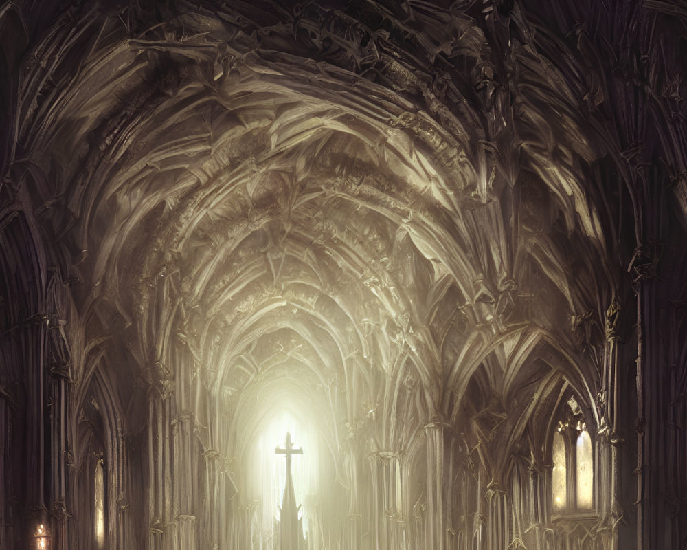 Gothic Cathedral Interior with Arched Ceilings and Stained-Glass Windows