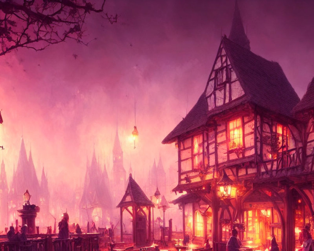 Fantasy village scene: glowing lanterns, timber houses, purple sky