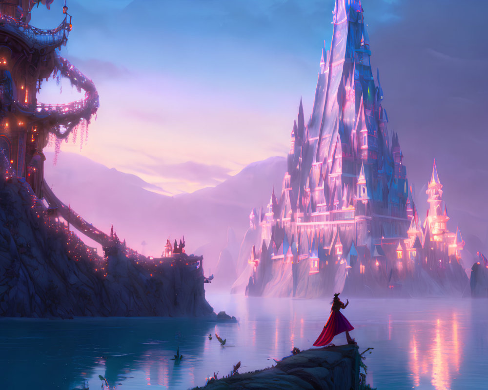 Figure in Red Cape Overlooks Crystal Castle in Twilight