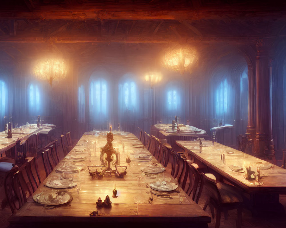 Dimly lit Gothic dining hall with wooden tables and candelabras