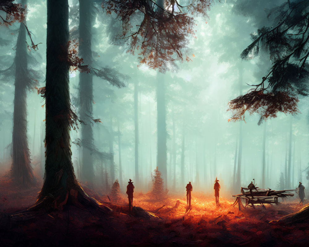 Enchanting forest scene with towering trees and silhouettes of figures