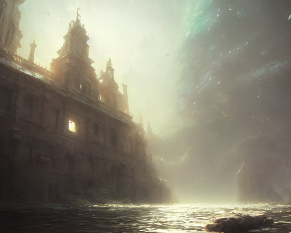 Sunlit ancient baroque structures in misty underwater scene