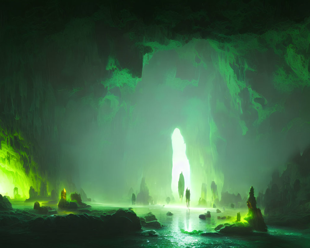 Luminescent Green Cave with Stalactites and Glowing Water