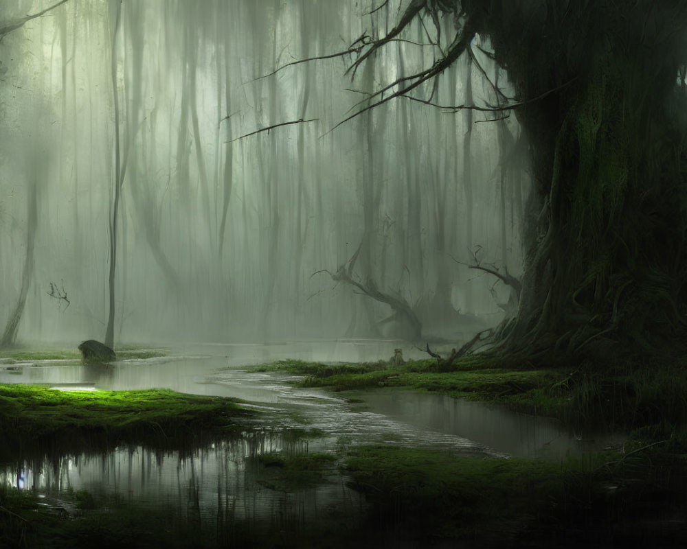 Mystical fog-shrouded forest with towering trees and serene waterway