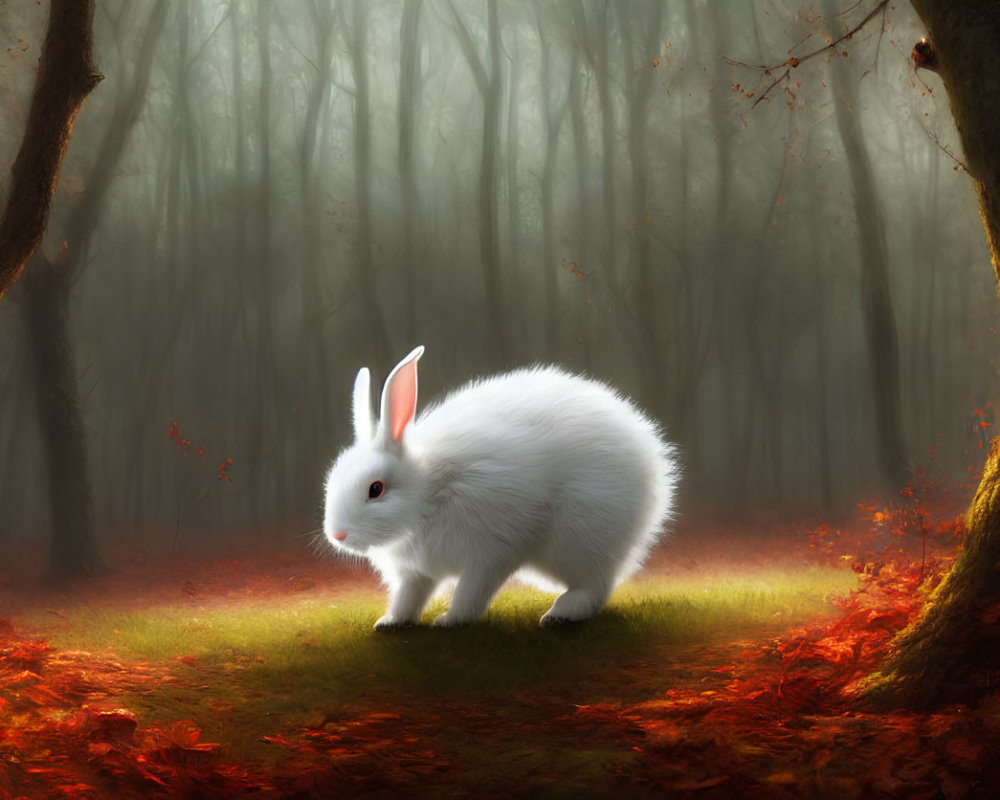 White Rabbit in Mystical Forest with Autumn Leaves and Sunlight