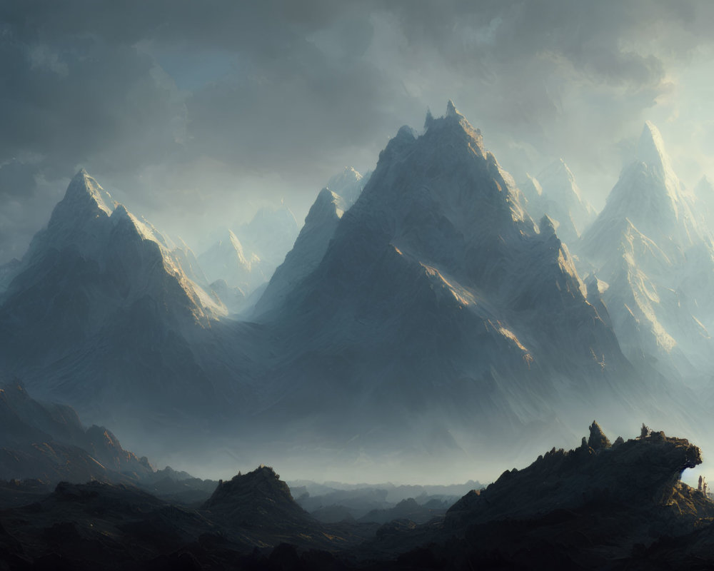 Dramatic mountain range with sharp peaks and figure on cliff