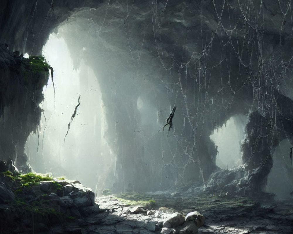 Solitary figure descending misty cavern with hanging vines and soft light