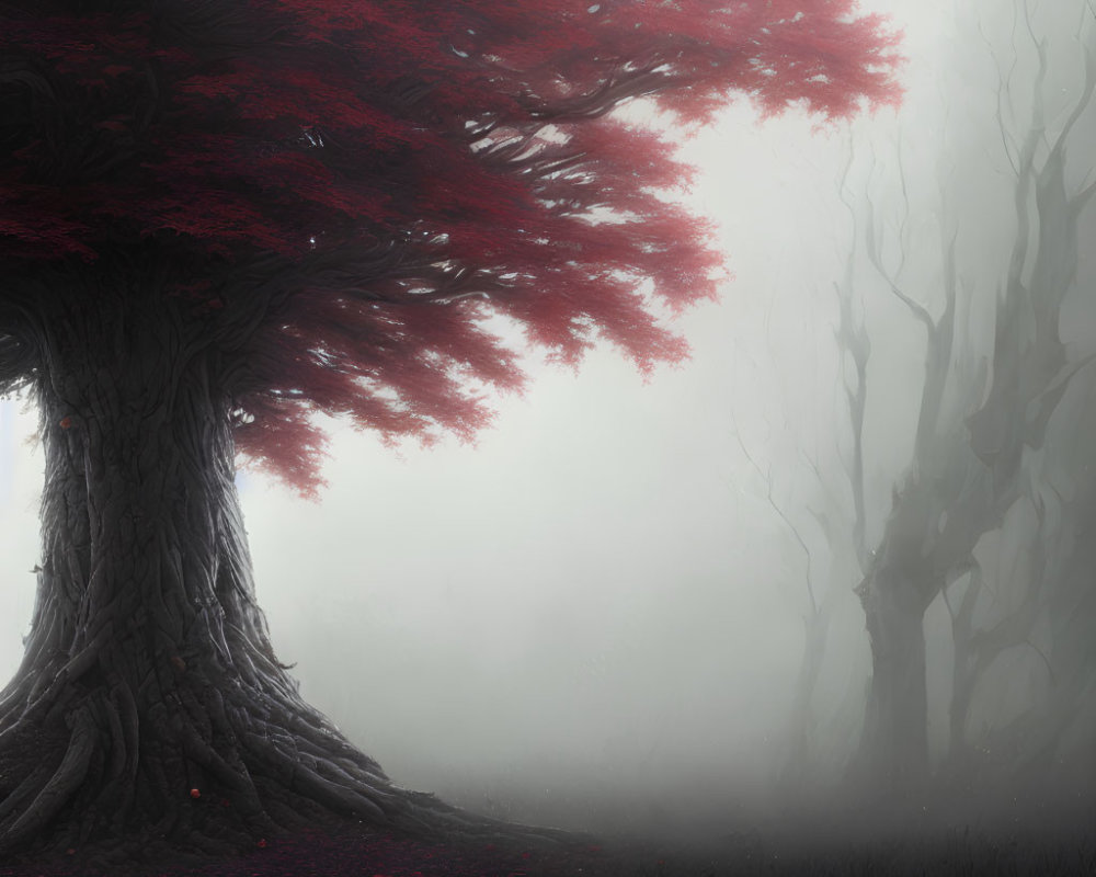 Mystical red tree in foggy forest setting