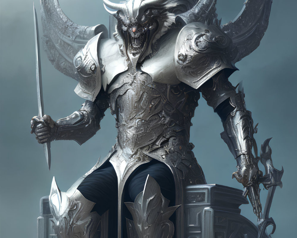 Armored demonic figure on throne with sword and horned helmet