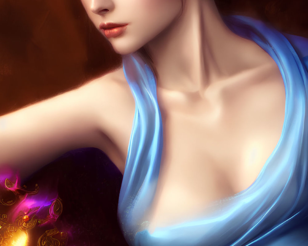 Digital painting of woman in blue silk with flowing hair and glowing symbol