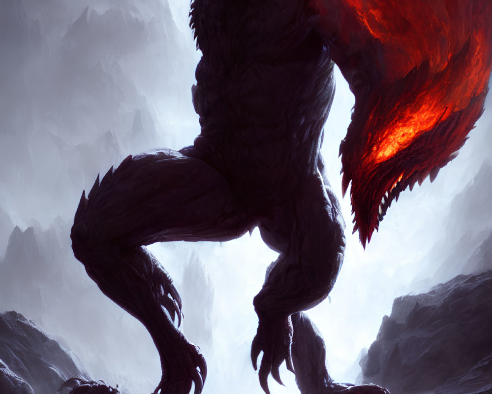 Fiery-winged dragon creature in misty mountain landscape