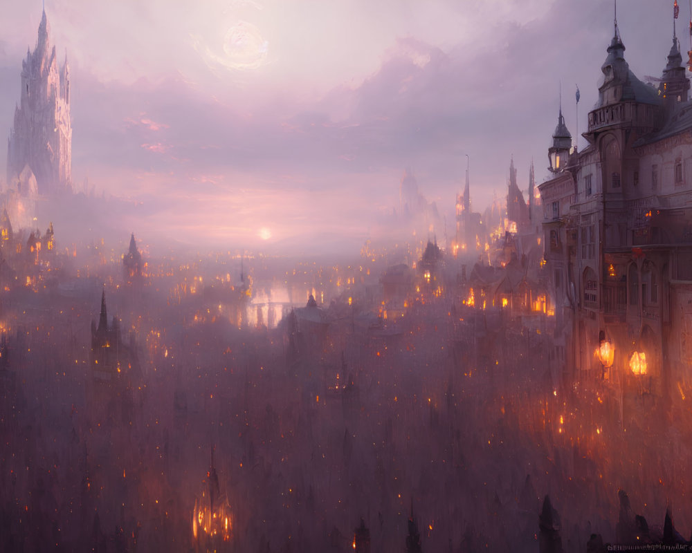 Mystical sunset over fantasy city with castle and spires