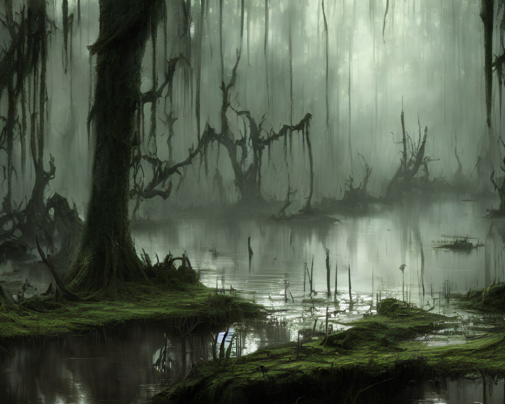 Mystical swamp with twisted trees and ethereal fog