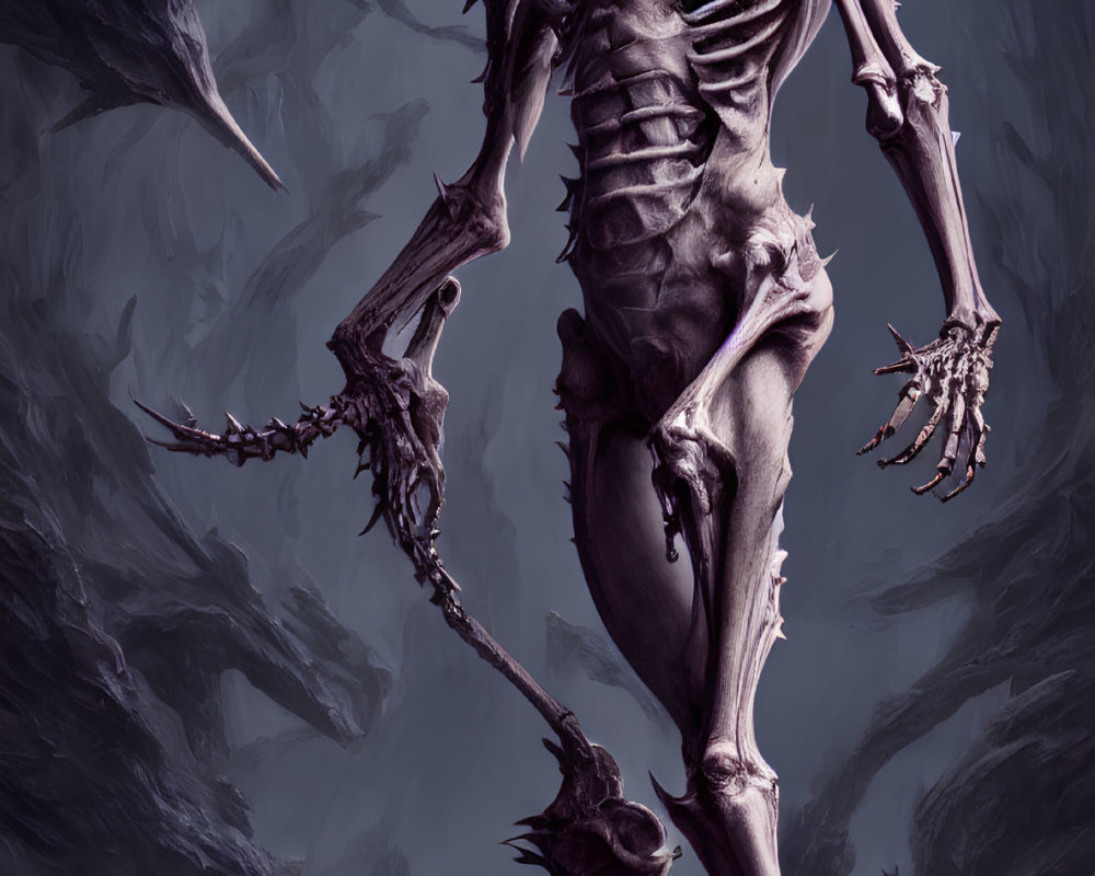 Grotesque humanoid skeletal figure with elongated limbs and horned skull on jagged rocks.