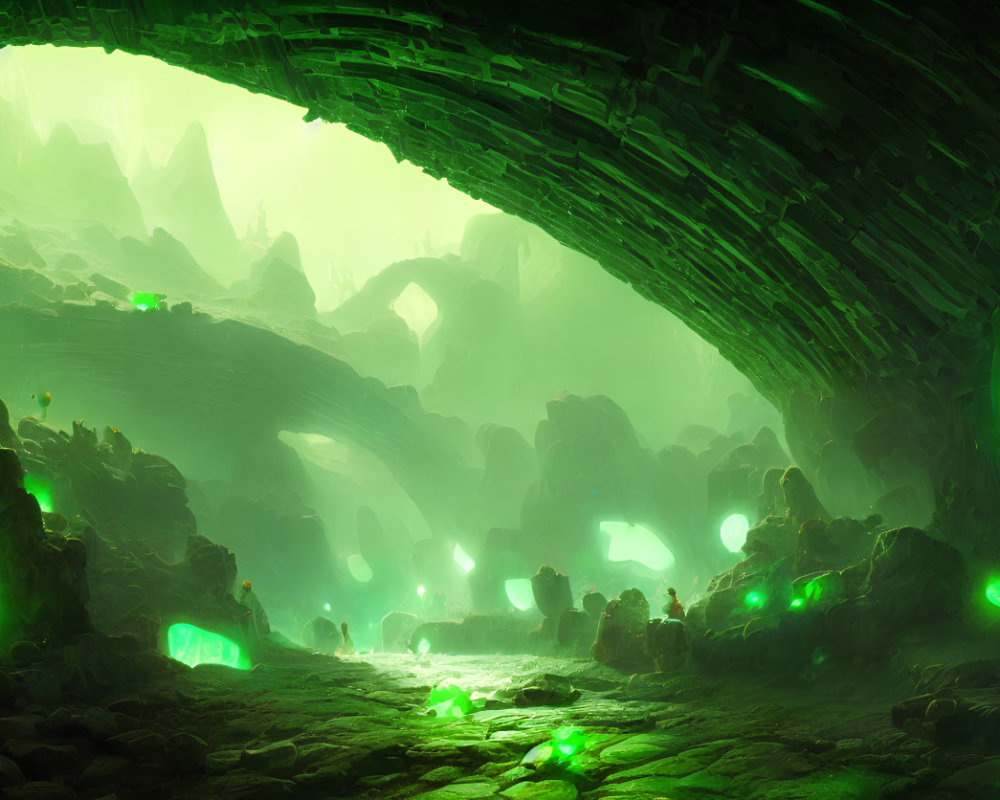 Mystical cave with glowing green crystals and vast arched entrance