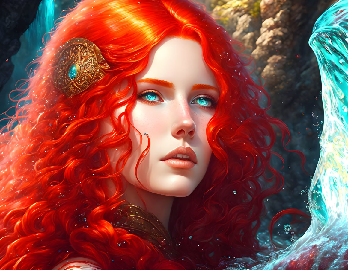 Digital art portrait: Woman with red hair, blue eyes, golden headpiece, vibrant blue backdrop