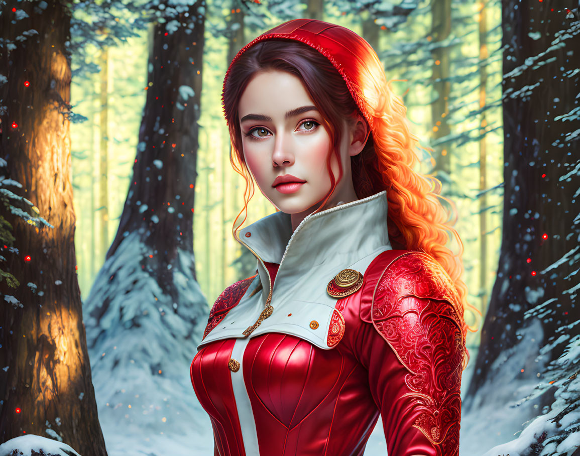 Woman with long, wavy hair in red and white medieval outfit in snowy forest with sunlight.