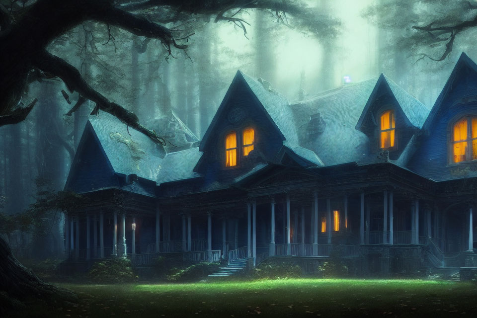 Eerie Gothic mansion in foggy forest setting